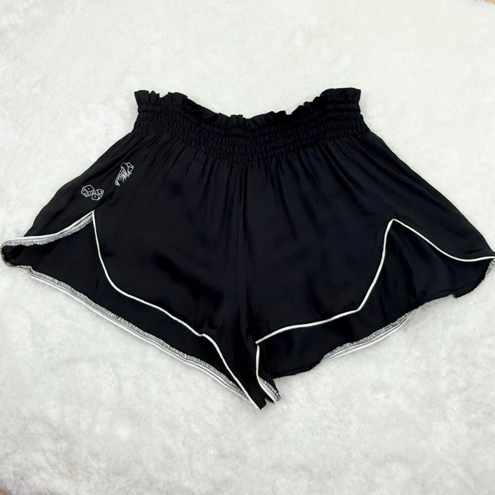 Anthropologie Silky Dolphin Cut Lounge Pajama Shorts Black Embroidered Western D